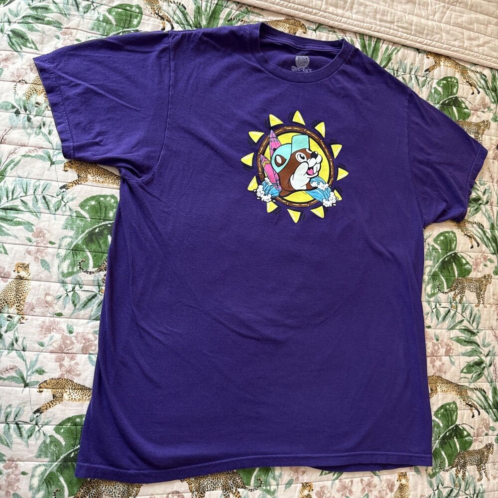 Buc-ee's T-Shirt Men's Large Purple Did Somebody Say Beach Surfboard Graphic